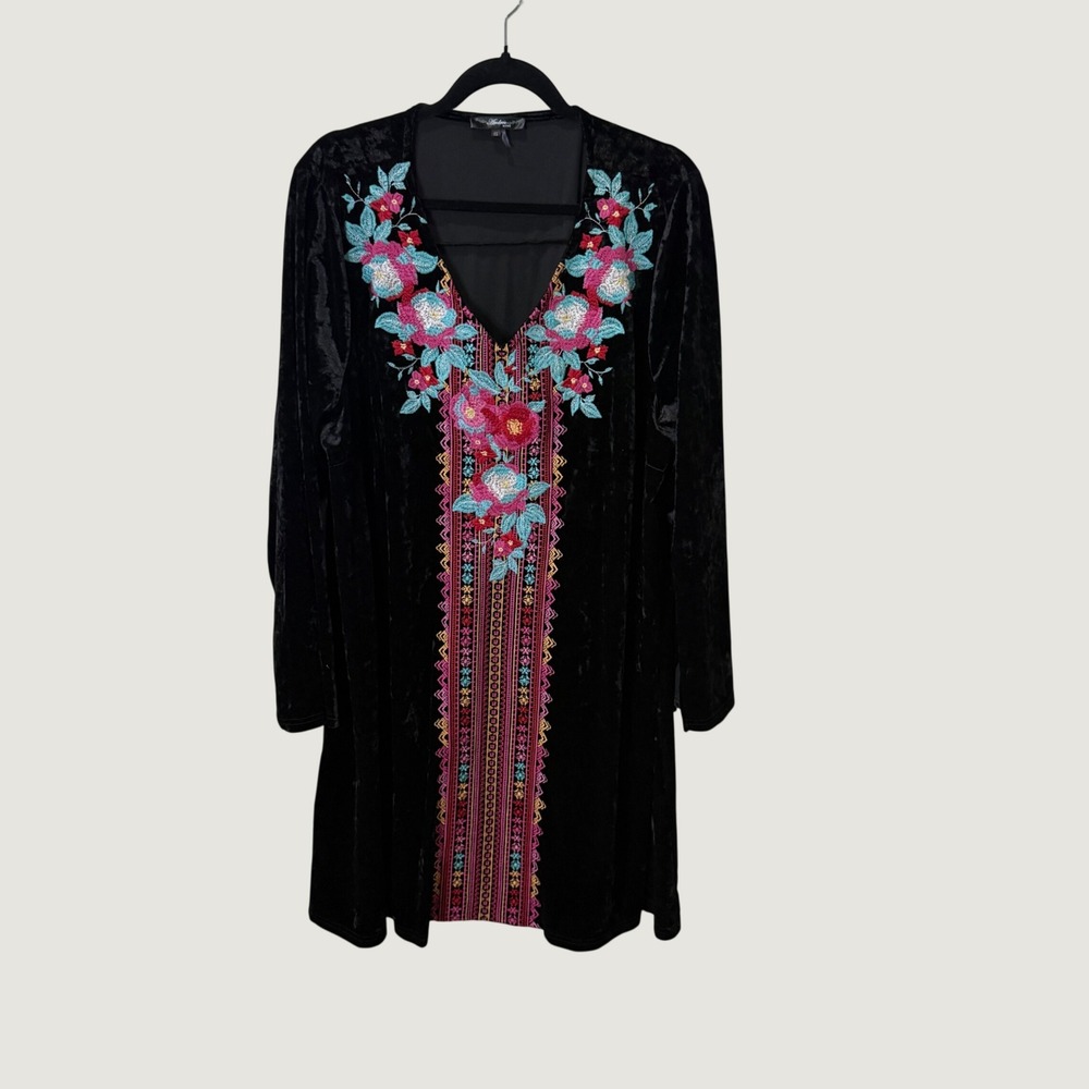 Andree by UNIT Velvet Floral Embroidered Tunic Dress Black 2X Boho Whimsigoth